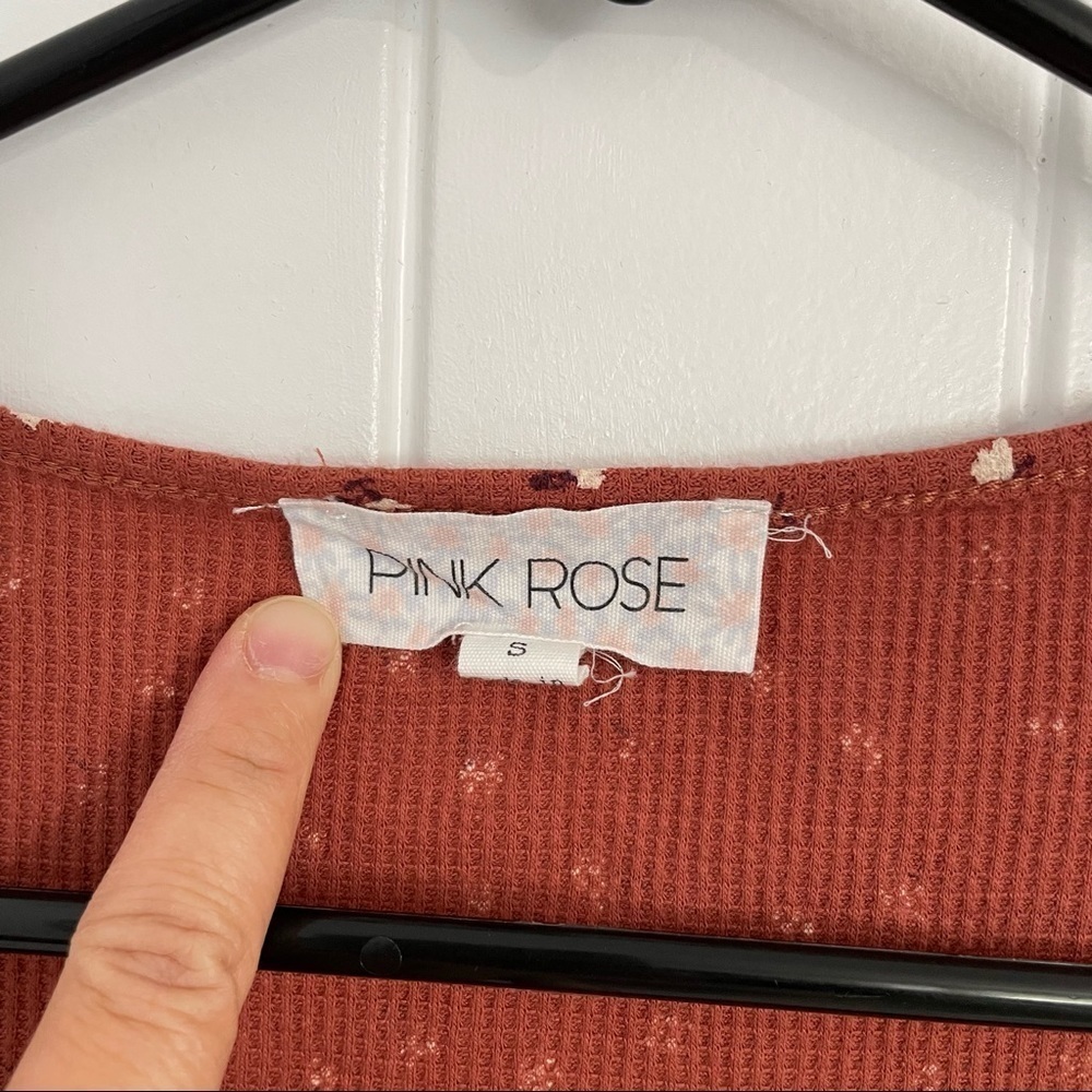 Pink Rose Waffle Knit Rust Orange Floral Prints Crop Top - Picture 3 of 6